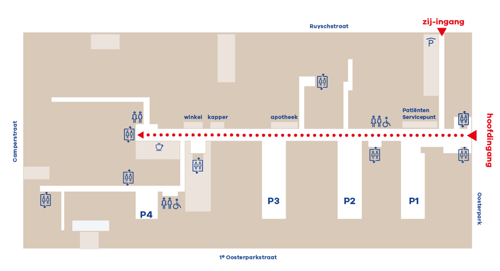 Route naar A8/P4, locatie OLVG Oost